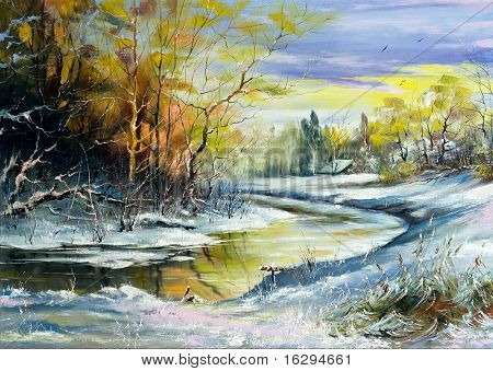 Il fiume di inverno nel villaggio