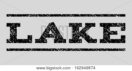 Lake watermark stamp. Text tag between horizontal parallel lines with grunge design style. Rubber seal stamp with unclean texture. Vector black color ink imprint on a light gray background.