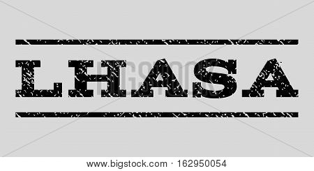 Lhasa watermark stamp. Text tag between horizontal parallel lines with grunge design style. Rubber seal stamp with scratched texture. Vector black color ink imprint on a light gray background.