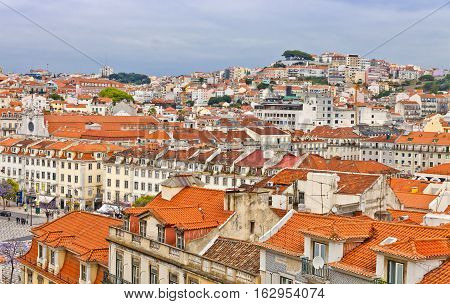 Rooftops of Lisbon city Portugal. Skyline view over Rossio Square
