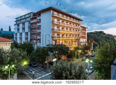 Montecatini Italy - Oct 3 2016. Evening view of streets in Montecatini where many hotels were located