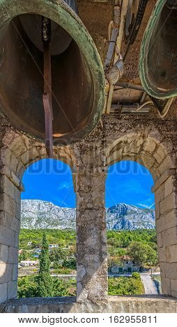 View from the St. Anthony church bell tower in old village Tucepi in Dalmatia.