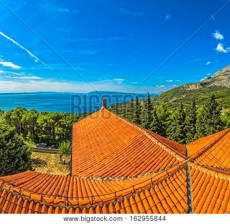 View from the St. Anthony church tower in old village Tucepi in Dalmatia.