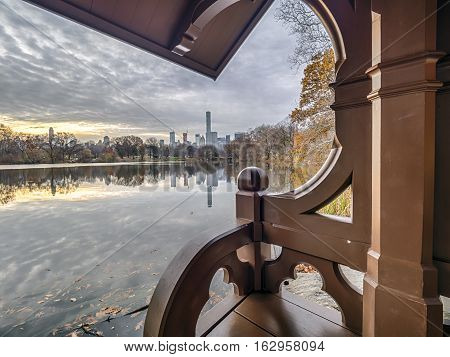 At the Lake in Central Park New York City in autumn early morning at Gazbo