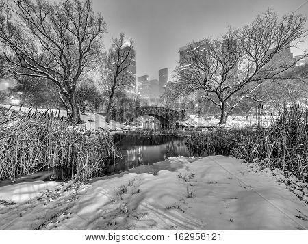 Gapstow Bridge is one of the icons of Central Park Manhattan in New York City during snow storm at night