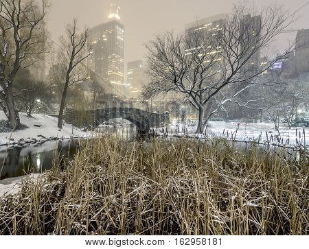 Gapstow Bridge is one of the icons of Central Park Manhattan in New York City during snow storm at night