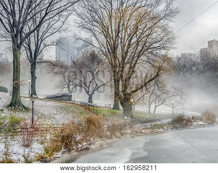 Central Park New York City on foggy morning fter snow storm