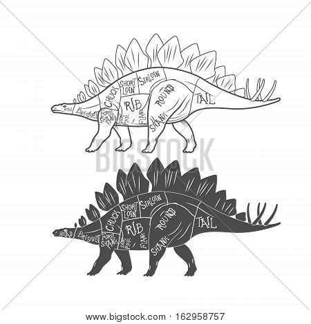 Dinosaurs illustration with cut scheme on white background. Vector illustration