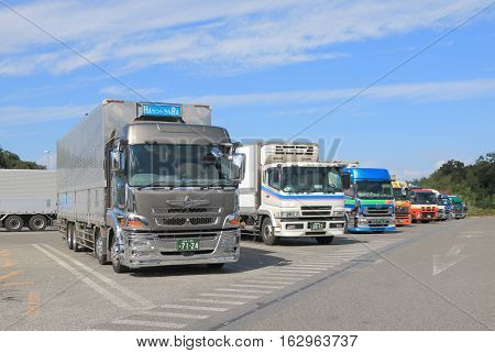 FUKUI JAPAN - OCTOBER 18, 2016: Transportation tracks park at highway parking area in Fukui Japan.