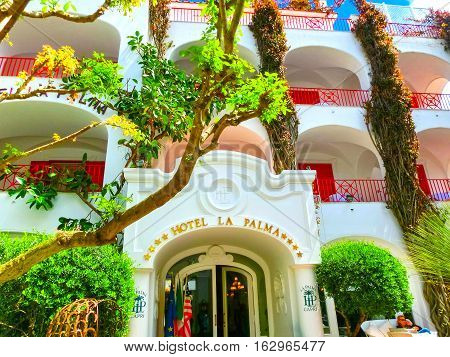 Capri, Italy - May 04, 2014: The main entrance at Hotel La Palma in old center of Capri, Italy on May 04, 2014