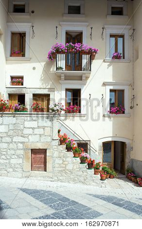 Italy Pescocostanzo traditional architectures with floral decorations of the country center