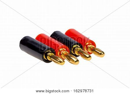 Adapter wire cable electronics audio speaker male banana plug connector isolated on white background.