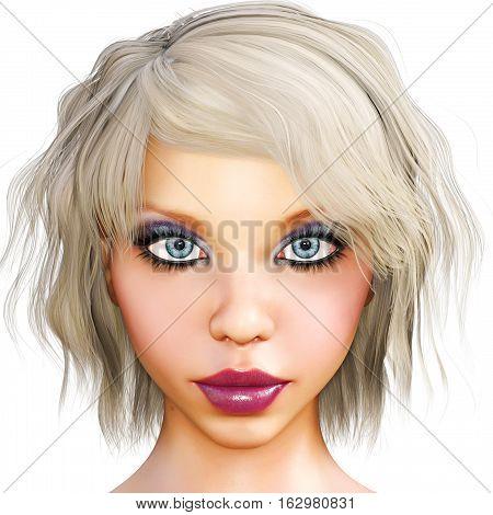 Portrait beautiful girl with blue eyes and red lips. Soft skin. Blonde hair. Bright makeup. Facial expressions and emotions. Photorealistic 3D render illustration. Isolate.
