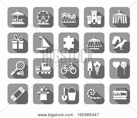 Children's games and entertainment, icons, gray, vector. Vector icons of items and objects for children. Children's rest. White images on a gray background with shadow.