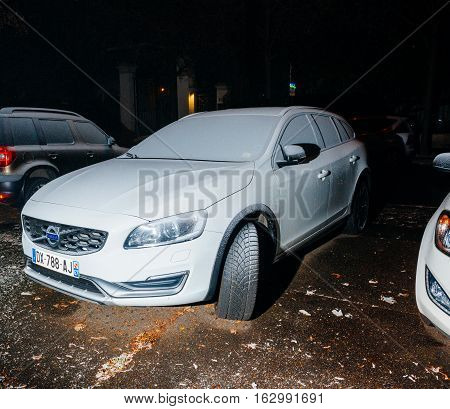 Volvo Wagon Car Covered With Snow On The Street