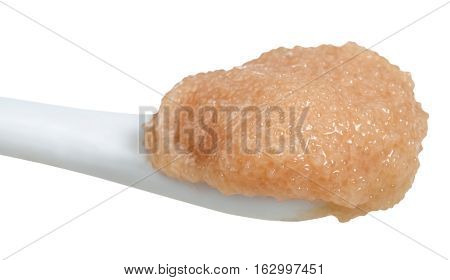 Salty Caviar Of Cod Fish In Ceramic Spoon Isolated