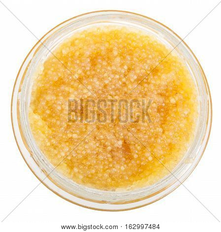 Top View Of Glass Jar With Yellow Caviar Of Pike