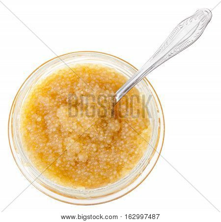 Top View Glass Jar With Caviar Of Pike With Spoon