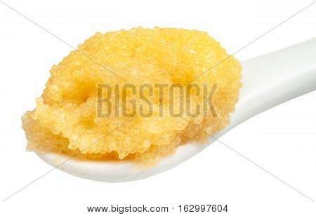 Caviar Of Capelin Fish In Ceramic Spoon Close Up