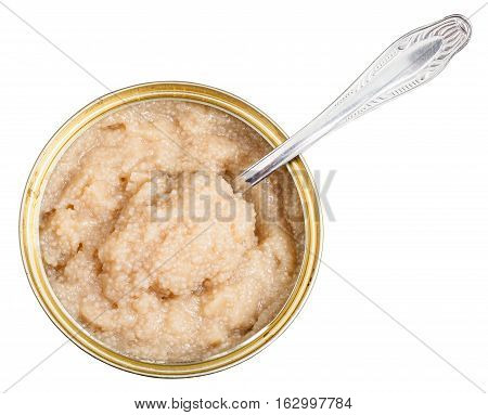 Open Tin With Caviar Of Herring Fish With Spoon