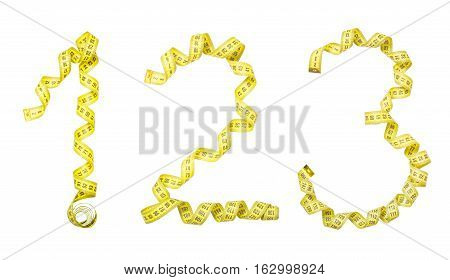 Number made from Yellow centimeter tape. Isolated one, two, three