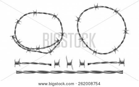 Barbed Wire Vector Realistic Illustration, Separate Elements Of Barbwire Isolated On White Backgroun
