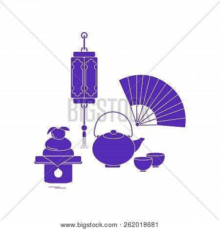 Eastern New Year Symbols. Chinese Lantern, Kettle With Two Cups, Fan, Kagami Mochi. Festive Traditio