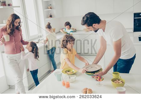 Big Nice Beautiful Cheerful Foster Joyful Caucasian Family, Six People, Doing Housework, Dishes, Cle