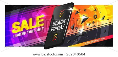 Banner Sale For Black Friday. A Realistic Black Smartphone In Motion With Triangular Fragments And D