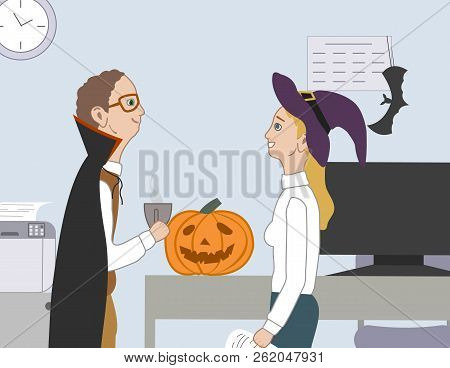 Halloween Party In Office At Work. Holiday Office With Pumpkin, Bat, Hat Witch, Raincoat Of Dracula.