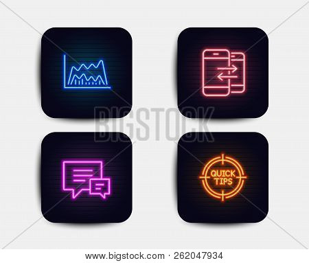 Neon Glow Lights. Set Of Trade Chart, Comment And Phone Communication Icons. Tips Sign. Market Data,