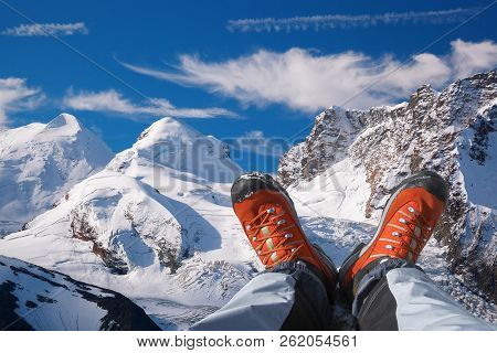 Swiss Alps With Hiking Boots In Zermatt Area, Switzerland