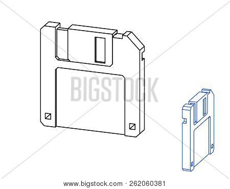 Floppy Diskette Icon. Isolated On White Background. Vector Outline Illustration. Dimetric Projection