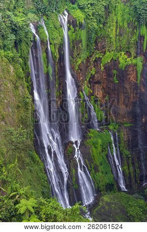 Majestic View Of Tumpak Sewu Waterfall Or Also Known As Coban Sewu, Is A Waterfall With 120 Metres H