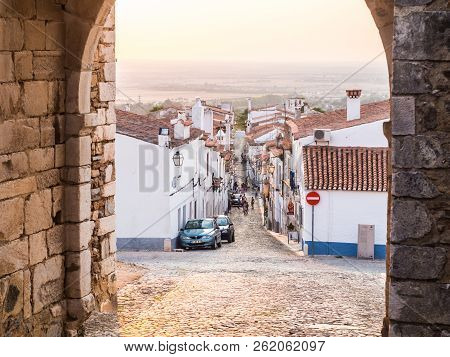 Estremoz, Portugal - August 22, 2018: Direita Street In Estremoz, Evora District, Portugal, At Sunse