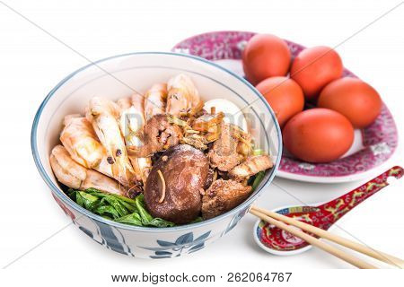 Bowl Of Chinese Birthday Noodle With Seafood, Meat, Red Eggs