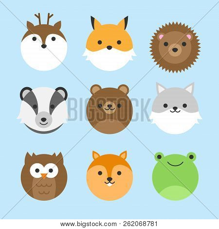Cute Vector Icon Set Of Forest Animals. Round Animal Illustrations; Deer, Fox, Hedgehog, Badger, Bea
