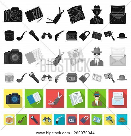 Detective And Attributes Flat Icons In Set Collection For Design.detective Agency Vector Symbol Stoc