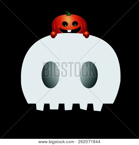 A Fun Orange Pumpkin Ontop Of The Scary Skull