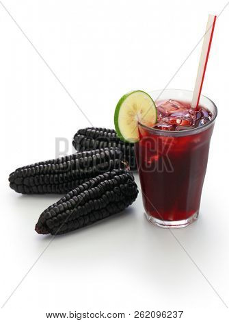 chicha morada, peruvian purple corn drink isolated on white background