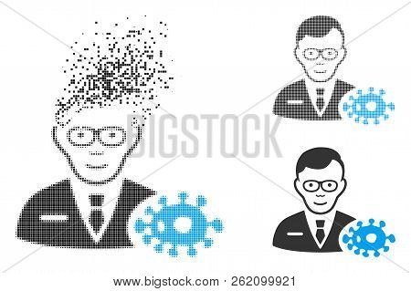 Bacteriologist Icon With Face In Dissolved, Dotted Halftone And Undamaged Whole Versions. Points Are