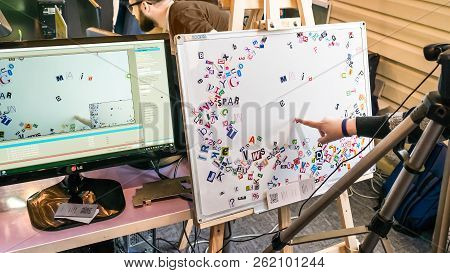 Kropivnitskiy, Ukraine - 12 May, 2018: Stop Motion Animation Process With Girls Hand, Magnetic Lette