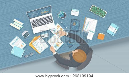 Man Working In Office At The Table. Workplace Desktop Workspace Armchair, Business Office Supplies, 