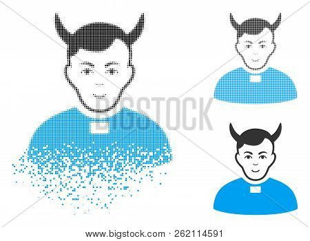 Devil Priest Icon With Face In Dissipated, Dotted Halftone And Undamaged Entire Variants. Particles 