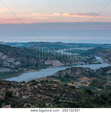 Sunrise Valley Near Old Medieval Stilo Famous Calabria Village View, Southern Italy.