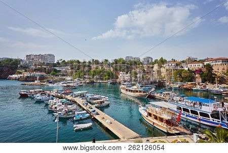 Aerial View Of Yacht Harbor And Red House Roofs In Old Town Timelapse Antalya, Turkey. Marine Bay At