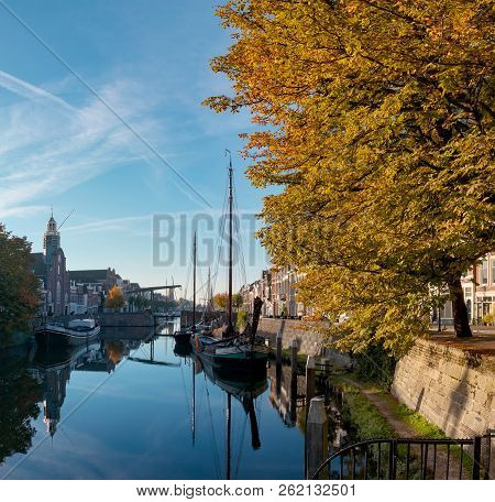 Tranquil Sunny Autumn Morning In Rotterdam Delfshaven, Historic Buildings, Boat And Large Chestnut T