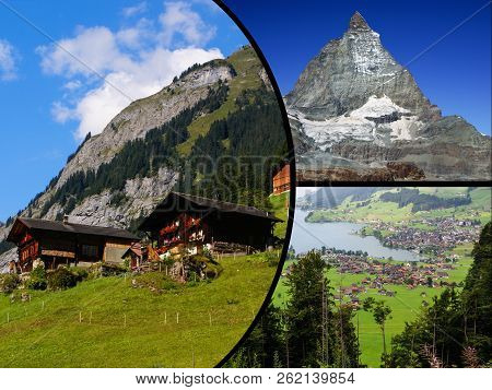 Collage Of Tourist Photos Of The Switzerland.