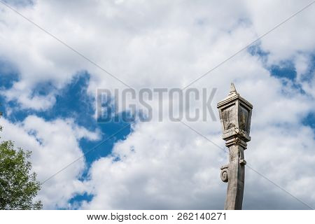 Wooden Lantern Sculpture At The Beginning Of A Trail Through The Banstead Woods In Surrey, England