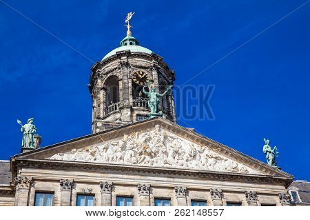 Detail Of The Royal Palace Of Amsterdam Located At Dam Square